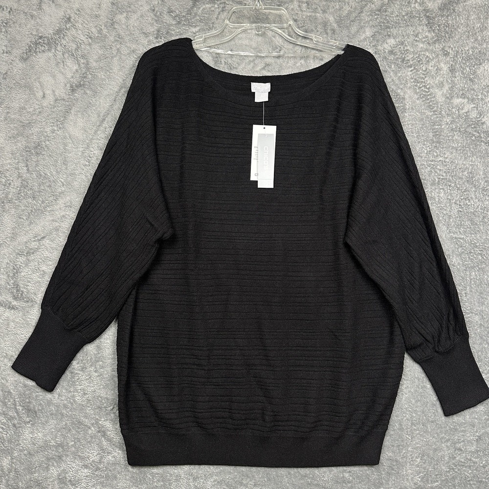 Chicos Sweater Women's Large Black Pullover Cashmere Blend Ribbed Boat Neck NWT